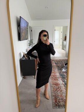 H&M Black Ribbed Knit Midi Dress with Long Sleeves